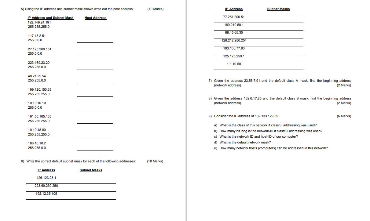 5) Using the IP address and subnet mask shown write out the host address: Host Address IP Address and Subnet