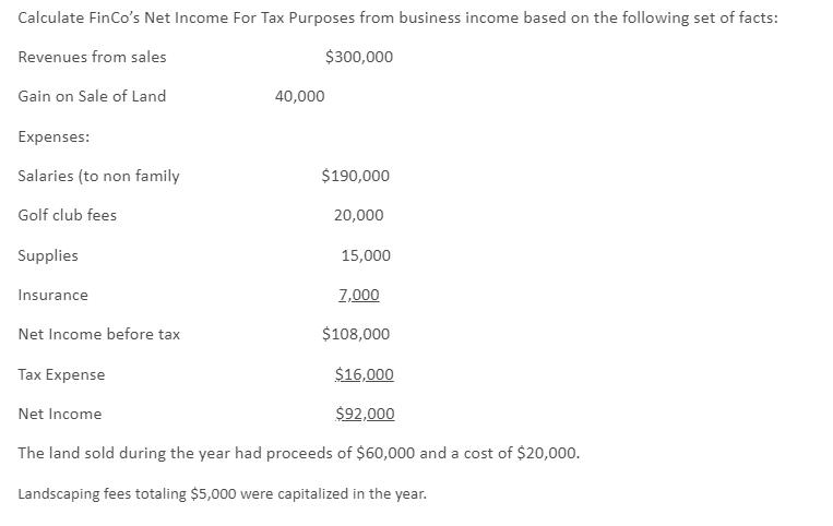 Calculate FinCo's Net Income For Tax Purposes from business income based on the following set of facts: