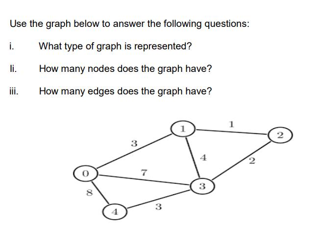 Use the graph below to answer the following questions: What type of graph is represented? How many nodes does