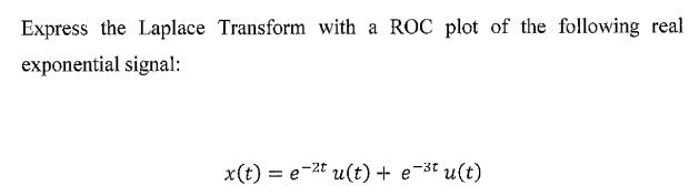 Express the Laplace Transform with a ROC plot of the following real exponential signal: x(t) = ezt u(t) + e-t