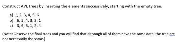 Construct AVL trees by inserting the elements successively, starting with the empty tree. a) 1, 2, 3, 4, 5, 6