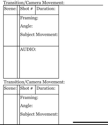 Transition/Camera Movement: Scene: Shot # Duration: Framing: Angle: Subject Movement: AUDIO: