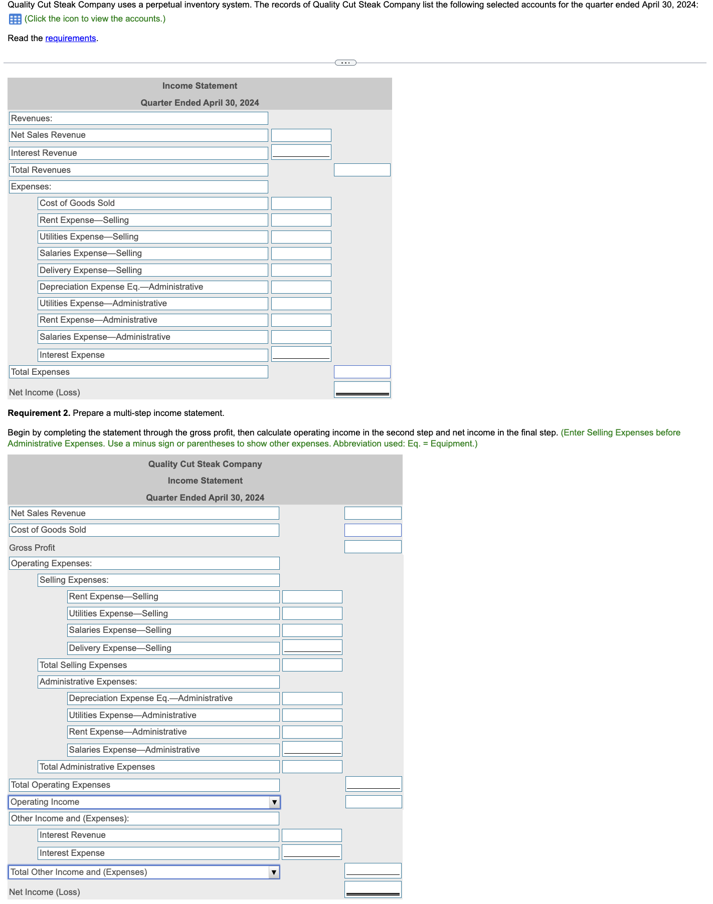 Quality Cut Steak Company uses a perpetual inventory system. The records of Quality Cut Steak Company list