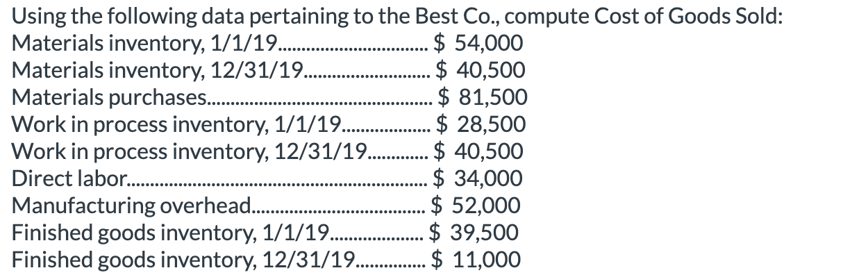 Using the following data pertaining to the Best Co., compute Cost of Goods Sold: Materials inventory,