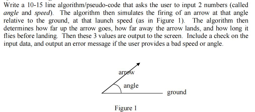 Write a 10-15 line algorithm/pseudo-code that asks the user to input 2 numbers (called angle and speed). The
