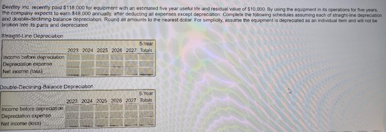 Bentley Inc. recently paid $118,000 for equipment with an estimated five year useful life and residual value