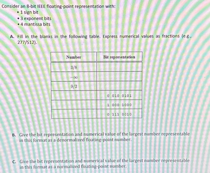 Consider an 8-bit IEEE floating-point representation with:  1 sign bit 3 exponent bits  4 mantissa bits A.