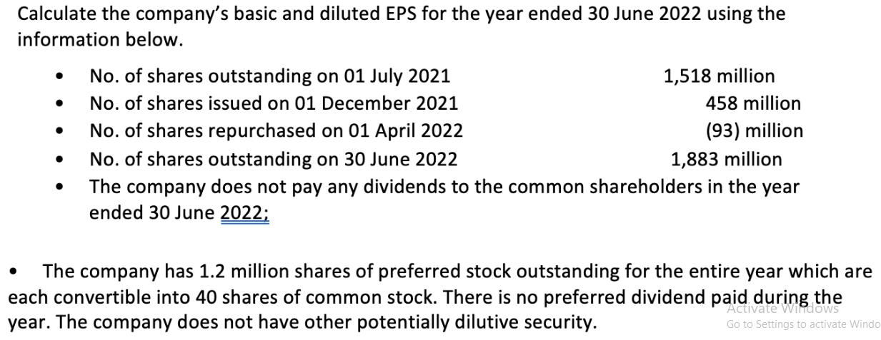Calculate the company's basic and diluted EPS for the year ended 30 June 2022 using the information below.   