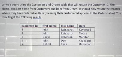 Write a query using the Customers and Orders table that will return the Customer ID, First Name, and Last