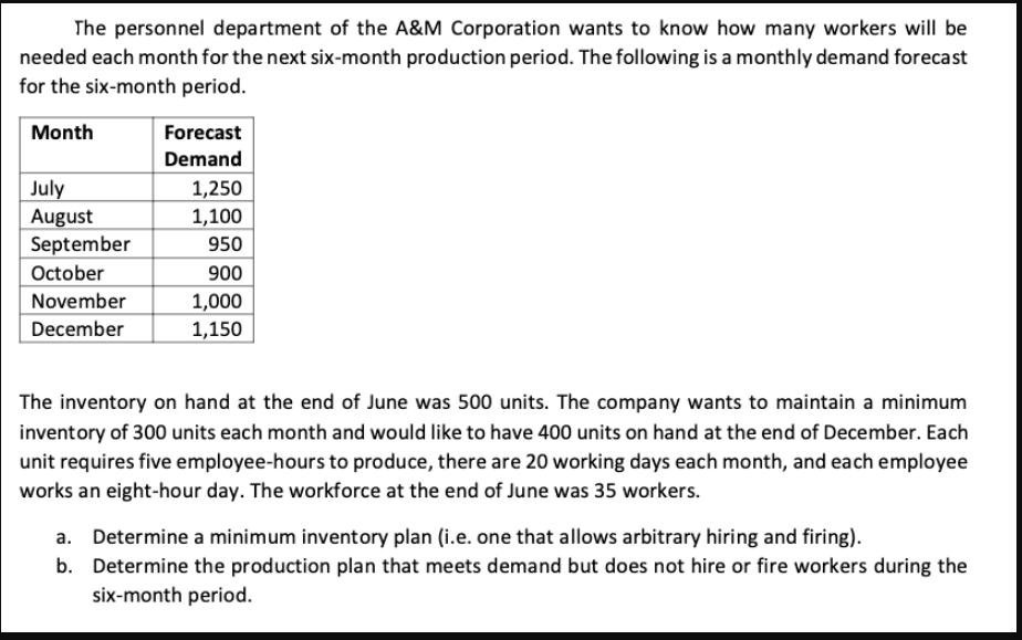 The personnel department of the A&M Corporation wants to know how many workers will be needed each month for