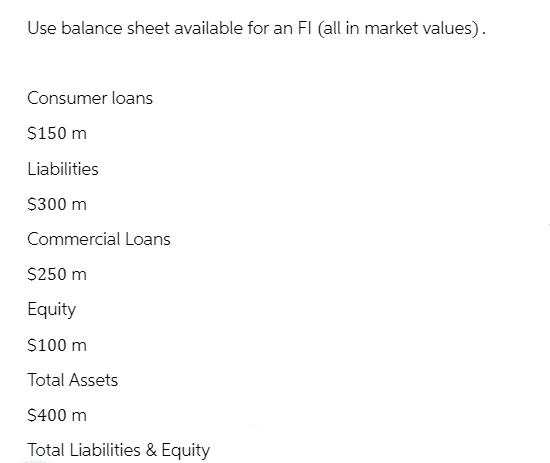 Use balance sheet available for an FI (all in market values). Consumer loans $150 m Liabilities $300 m