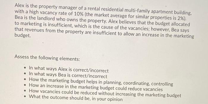 Alex is the property manager of a rental residential multi-family apartment building, with a high vacancy