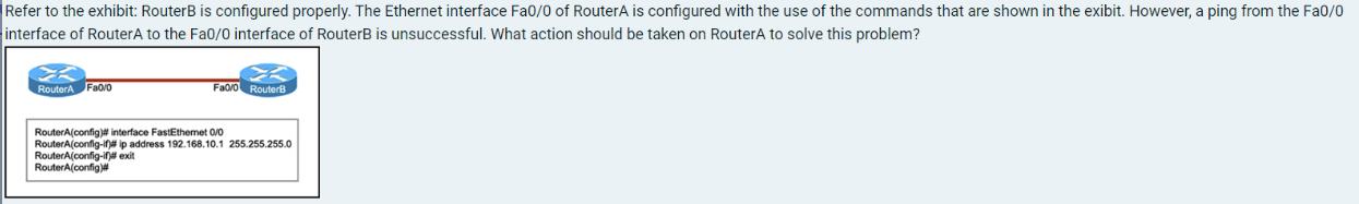 Refer to the exhibit: RouterB is configured properly. The Ethernet interface Fa0/0 of RouterA is configured
