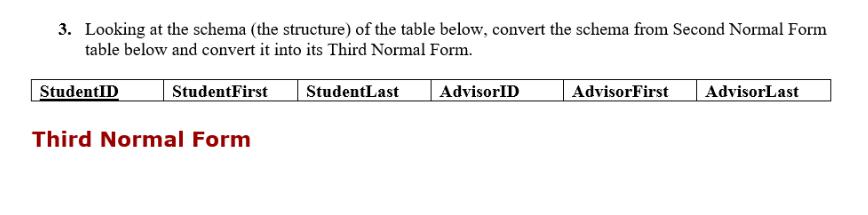 3. Looking at the schema (the structure) of the table below, convert the schema from Second Normal Form table