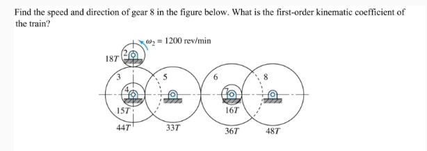Find the speed and direction of gear 8 in the figure below. What is the first-order kinematic coefficient of