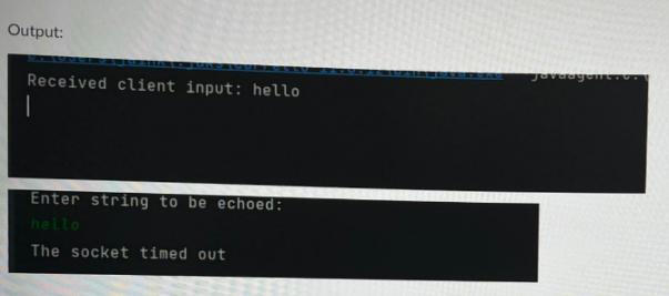 Output: Received client input: hello Enter string to be echoed: hello The socket timed out Javaagente