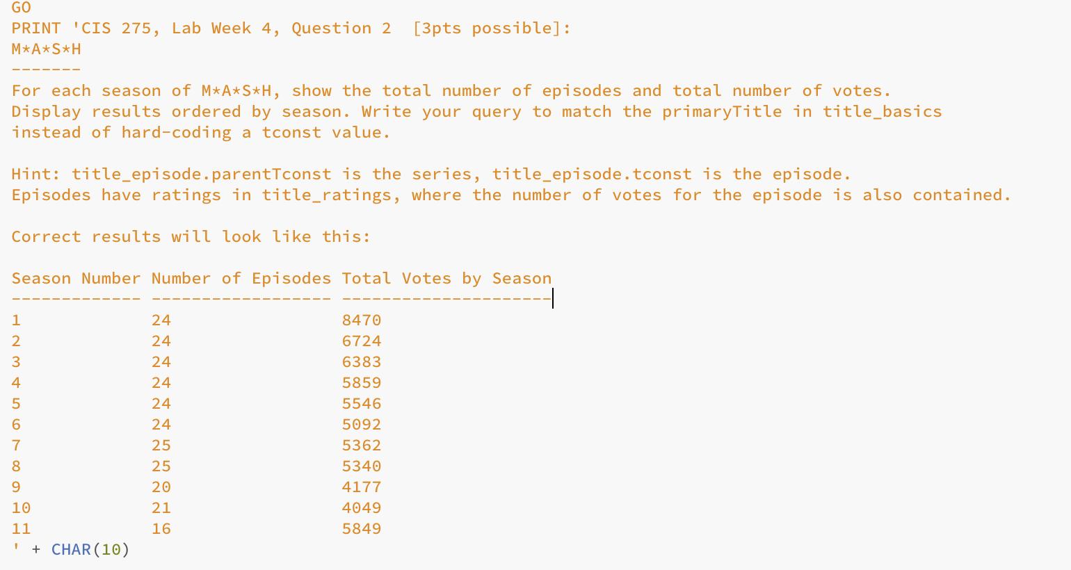 GO PRINT 'CIS 275, Lab Week 4, Question 2 [3pts possible]: M*A*S*H For each season of M*A*S*H, show the total