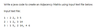 Write a java code to create an Adjacency Matrix using input text file below. Input text file: 1: 22, 35 2 1