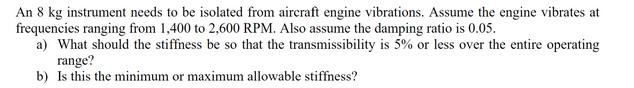 An 8 kg instrument needs to be isolated from aircraft engine vibrations. Assume the engine vibrates at