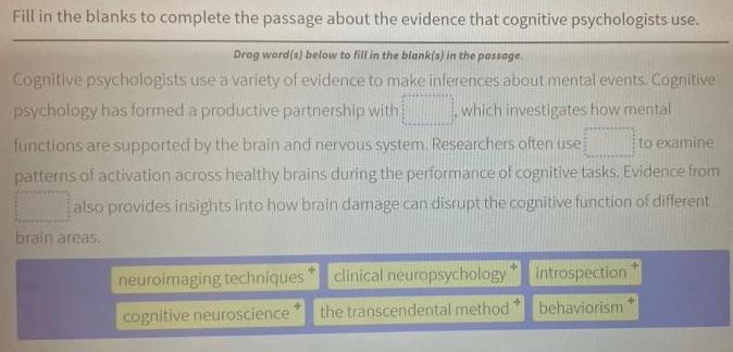 Fill in the blanks to complete the passage about the evidence that cognitive psychologists use. Drag word(s)