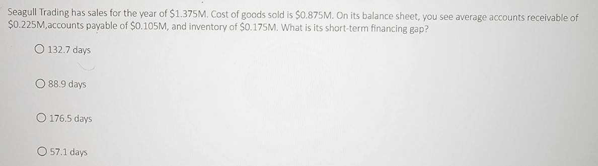 Seagull Trading has sales for the year of $1.375M. Cost of goods sold is $0.875M. On its balance sheet, you
