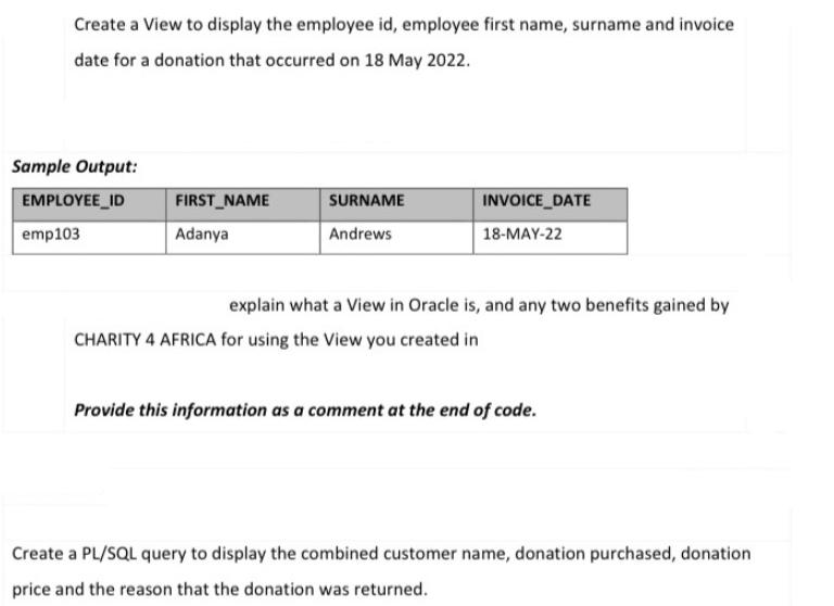 Create a view to display the employee id, employee first name, surname and invoice date for a donation that