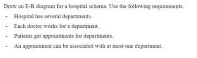 Draw an E-R diagram for a hospital schema. Use the following requirements. - Hospital has several
