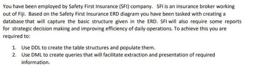 You have been employed by Safety First Insurance (SFI) company. SFI is an insurance broker working out of