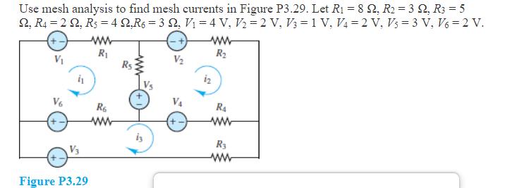 Use mesh analysis to find mesh currents in Figure P3.29. Let R1 = 8 22, R2 = 3 92, R3 = 5 2, R4 = 22, R5 =