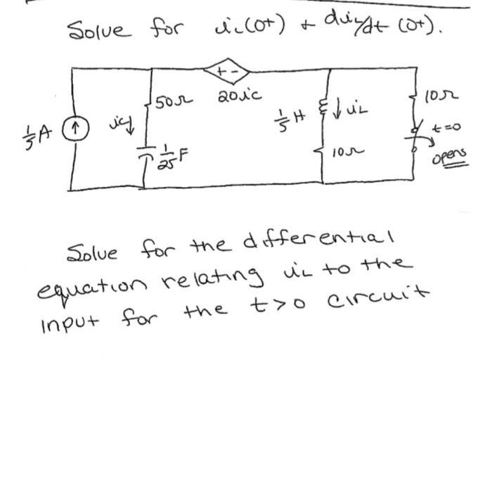 3A Solve for di(0+) + duydt (0+).  vic 50 188 Tast 20jic = H UL 105 Solve for the differential equation