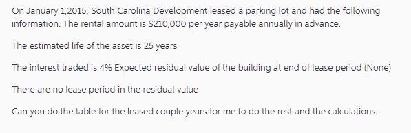 On January 1,2015, South Carolina Development leased a parking lot and had the following information: The
