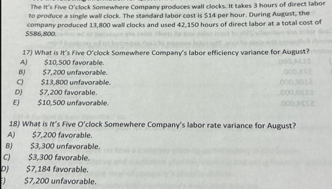 B) C) D) E) riesa to animes 17) What is It's Five O'clock Somewhere Company's labor efficiency variance for