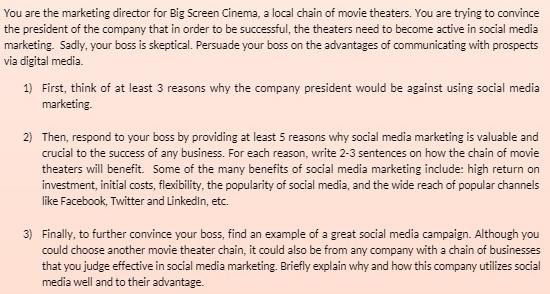 You are the marketing director for Big Screen Cinema, a local chain of movie theaters. You are trying to