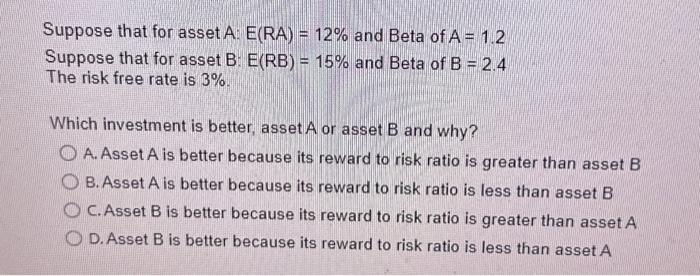 Suppose that for asset A: E(RA) = 12% and Beta of A = 1.2 Suppose that for asset B: E(RB) = 15% and Beta of B