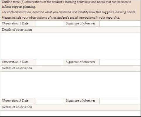 Outline three (3) observations of the student's learning behaviour and needs that can be used to inform