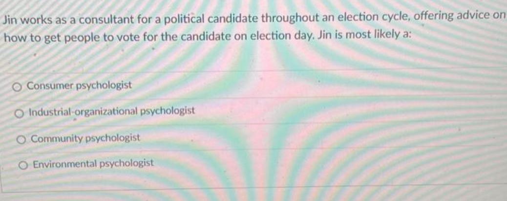 Jin works as a consultant for a political candidate throughout an election cycle, offering advice on how to