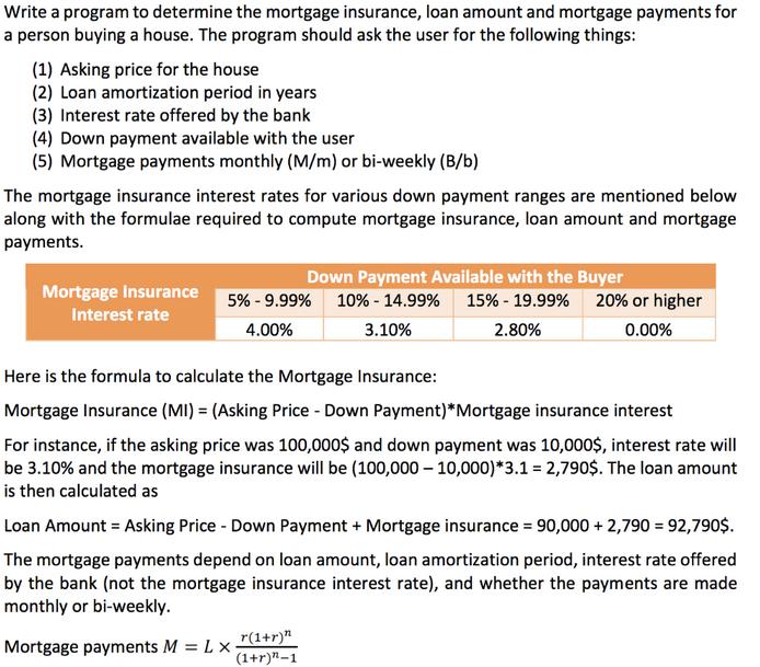 Write a program to determine the mortgage insurance, loan amount and mortgage payments for a person buying a