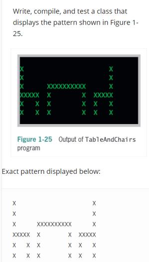 Write, compile, and test a class that displays the pattern shown in Figure 1- 25. X X X XXXXX X x x  x  X x
