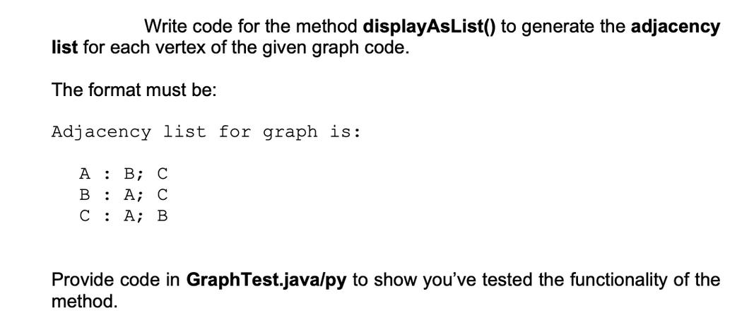 Write code for the method displayAsList() to generate the adjacency list for each vertex of the given graph
