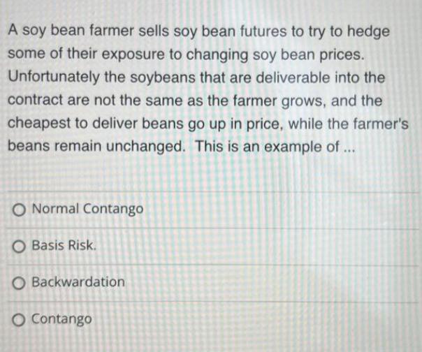A soy bean farmer sells soy bean futures to try to hedge some of their exposure to changing soy bean prices.