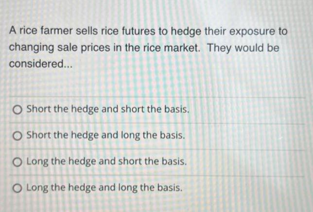 A rice farmer sells rice futures to hedge their exposure to changing sale prices in the rice market. They