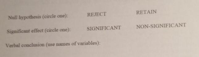 REJECT Null hypothesis (circle one): Significant effect (circle one): Verbal conclusion (use names of