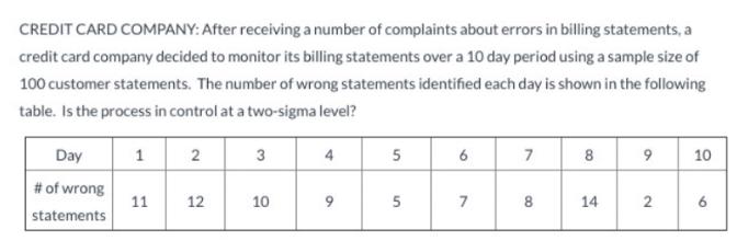 CREDIT CARD COMPANY: After receiving a number of complaints about errors in billing statements, a credit card