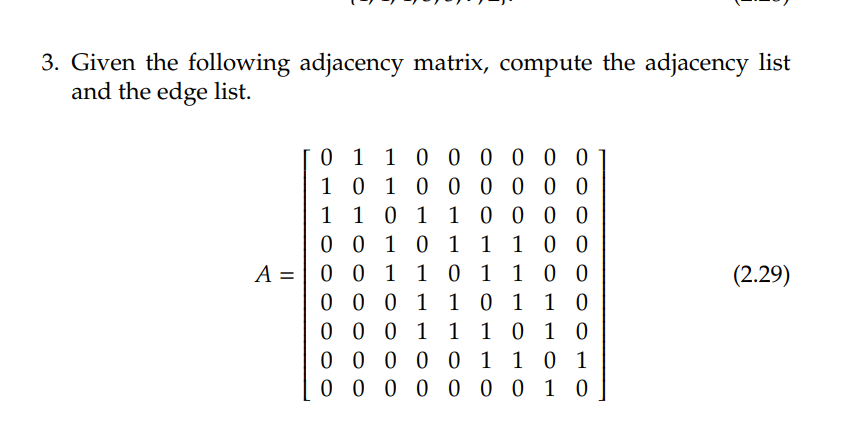 3. Given the following adjacency matrix, compute the adjacency list and the edge list. 0 1 1 0 0 0 0 0 0 1 0