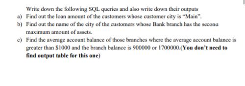 Write down the following SQL queries and also write down their outputs a) Find out the loan amount of the