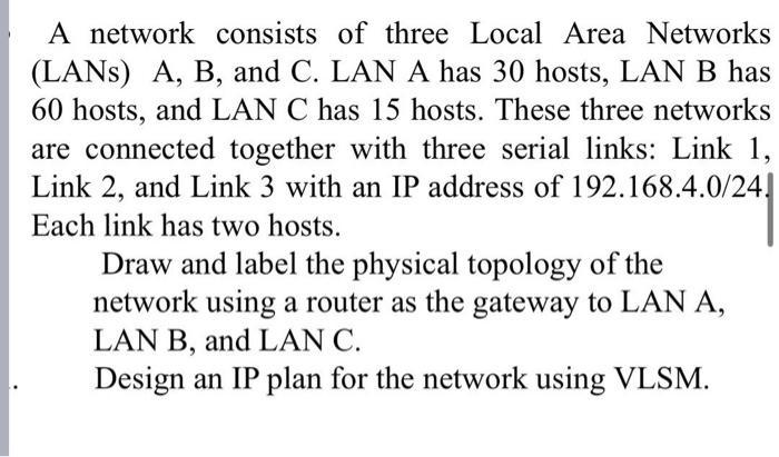 A network consists of three Local Area Networks (LANS) A, B, and C. LAN A has 30 hosts, LAN B has 60 hosts,