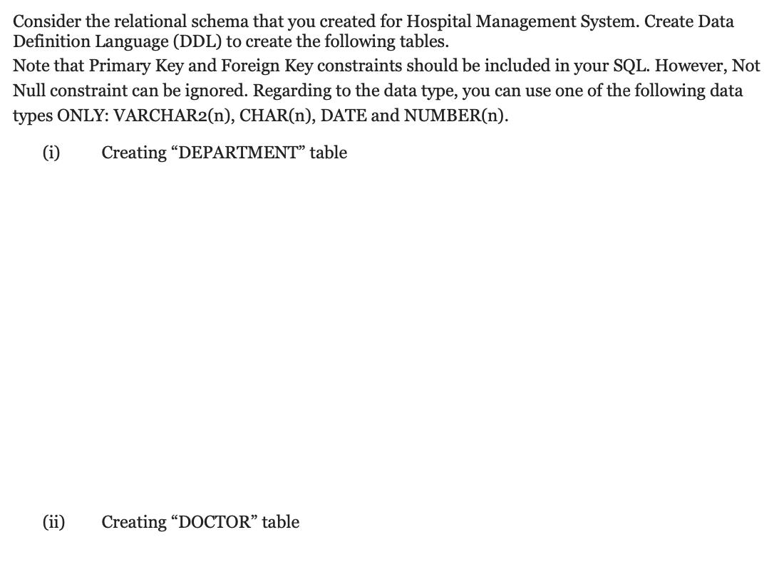 Consider the relational schema that you created for Hospital Management System. Create Data Definition