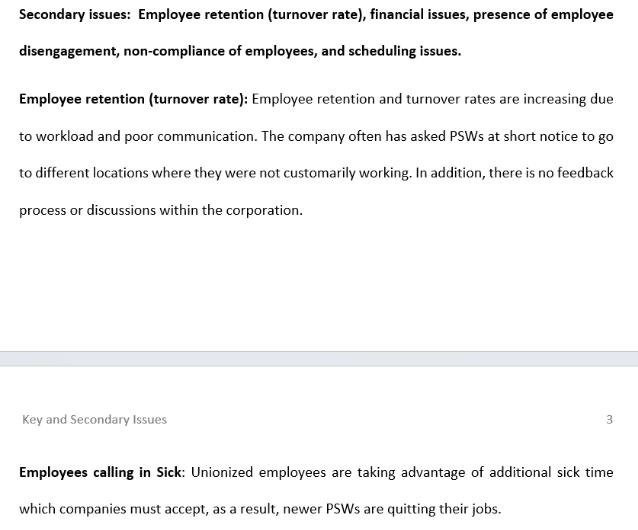 Secondary issues: Employee retention (turnover rate), financial issues, presence of employee disengagement,