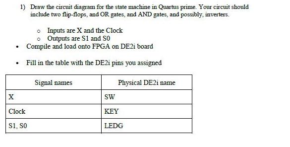 X . 1) Draw the circuit diagram for the state machine in Quartus prime. Your circuit should include two