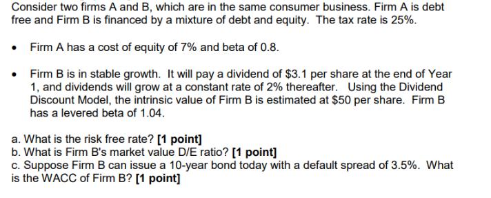 Consider two firms A and B, which are in the same consumer business. Firm A is debt free and Firm B is